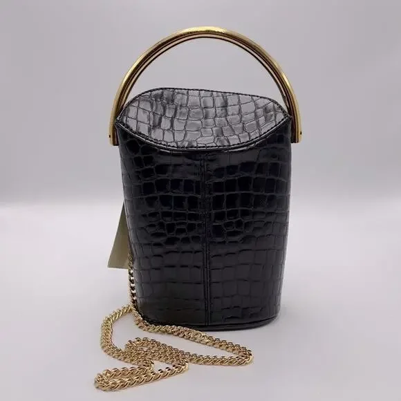 New Stella McCartney Black Croc Embossed Bucket Bag Gold Handle W/ Dust Bag - Picture 13 of 16
